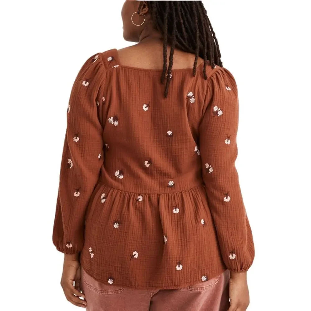 Madewell Amie Floral Embroidered Lightspun Millbrook Puff-Sleeve Peplum Top XL - Picture 2 of 11